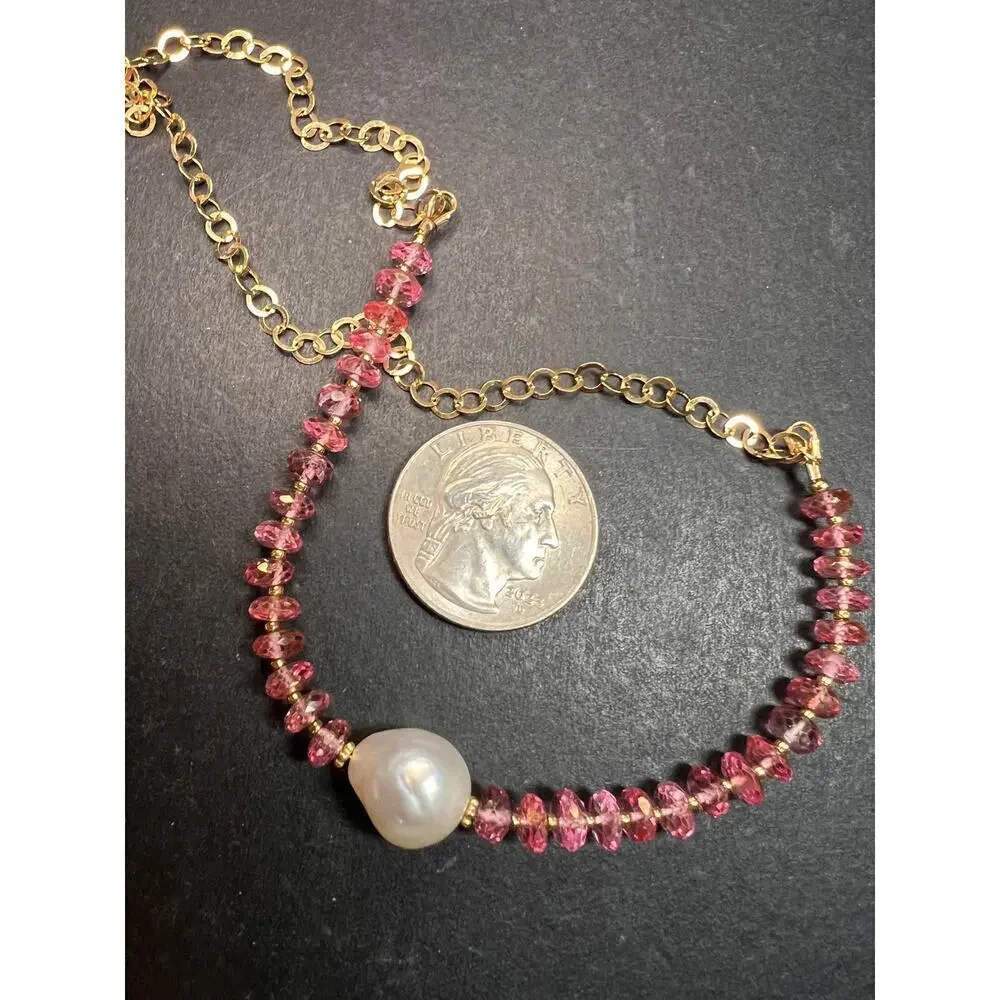 Gold Filled Necklace with Baroque Pearl and Pink Faceted Gemstone Beads